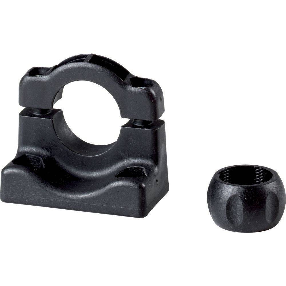 Eine schwarze Kunststoffklemme mit einer kreisförmigen Öffnung, zusammen mit einem separaten schwarzen Schraubverschluss rechts daneben.