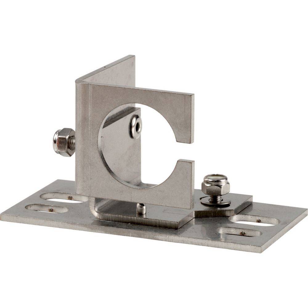 Metallbefestigungshalterung mit einer flachen Basis und vertikaler Stütze, verwendet zur Befestigung eines Objekts. Zwei Schrauben sind zur Justierung angebracht.