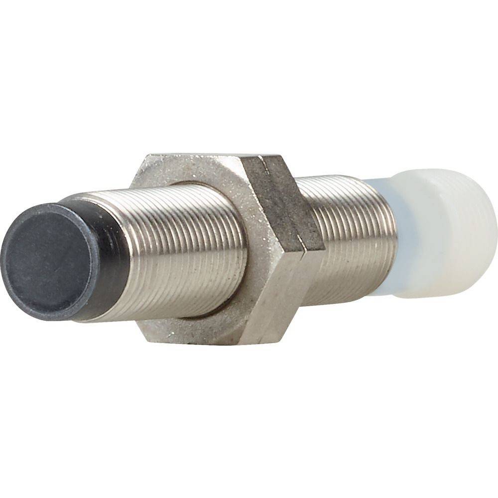 Ein zylindrischer metallischer Sensor mit einer schwarzen Spitze und einer weißen Kappe an einem Ende, vor einem einfarbigen Hintergrund.