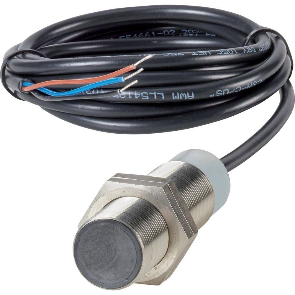 Ein zylindrischer Sensor mit angeschlossenen Kabeln, für industrielle Zwecke konzipiert, mit Metallgehäuse und schwarzem Kabel.