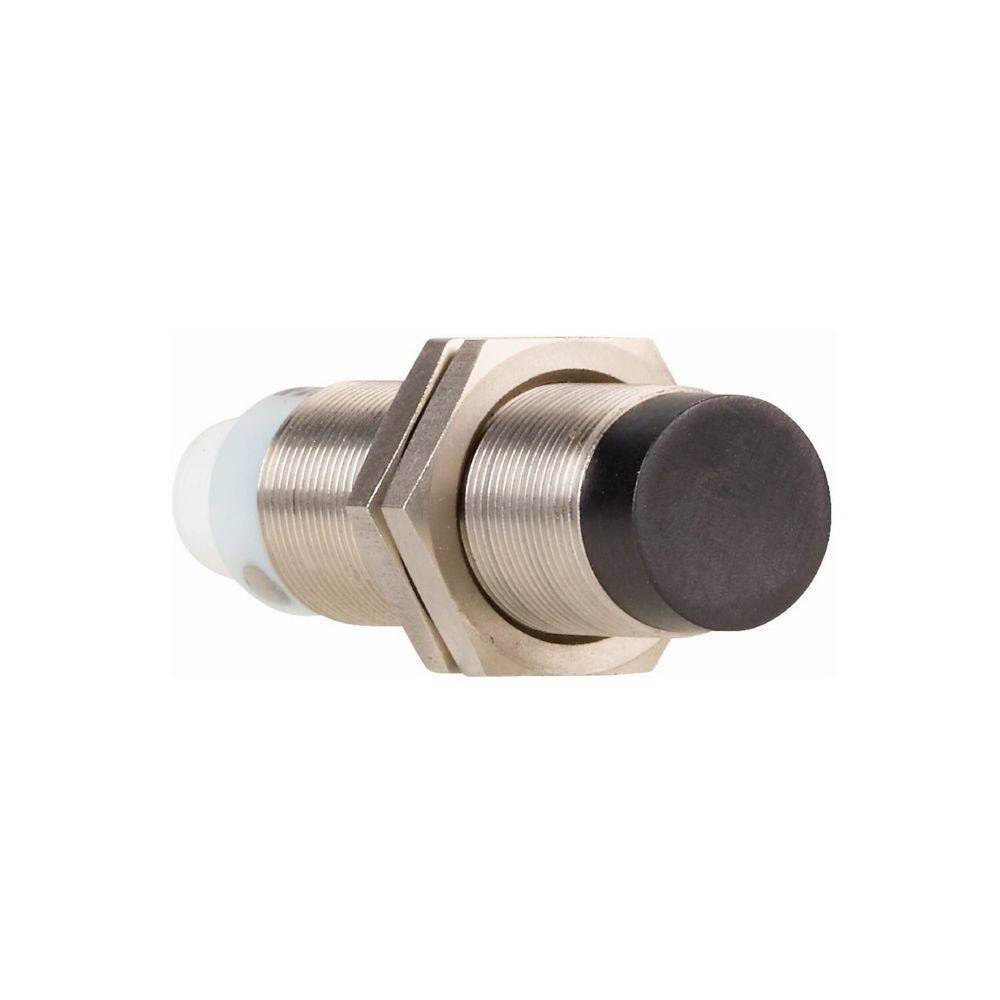 Metallzylindersensor mit schwarzer Kappe, gewindeter Körper und Sechskantmutter, der für industrielle Automatisierungsanwendungen verwendet wird.
