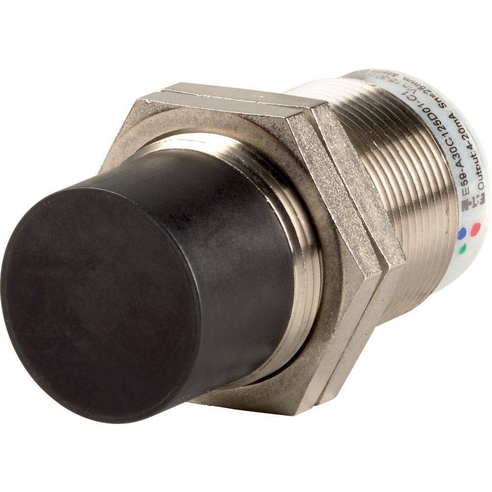 Ein zylindrischer Metallnäherungssensor mit einem schwarzen Sensorenkopf, sechskantigem Befestigungsgewinde und farbigen Markierungspunkten an der Seite.