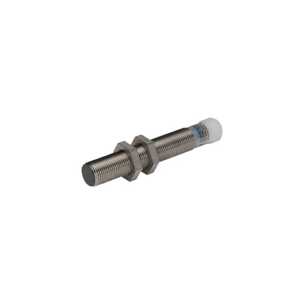 Ein zylindrischer metallischer Sensor mit Gewindekörper und weißer Kappe an einem Ende, wahrscheinlich zur Positions- oder Näherungserkennung in industriellen Umgebungen verwendet.