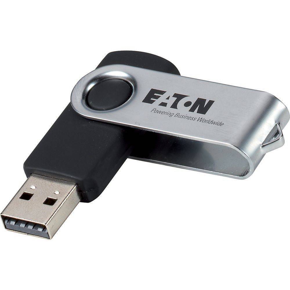 Ein schwarzer USB-Stick mit einer silbernen Drehkappe, die mit dem Markennamen 'EATON' und dem Slogan 'Powering Business Worldwide' versehen ist.