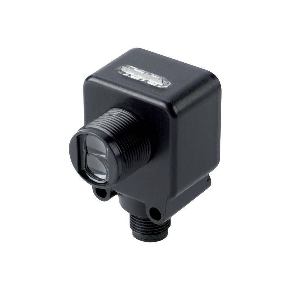 Quadratisches schwarzes Sensorgerät mit Gewindeanschluss am Boden und kleiner LED-Anzeige auf der Oberseite. Geeignet für präzise Detektionsaufgaben.