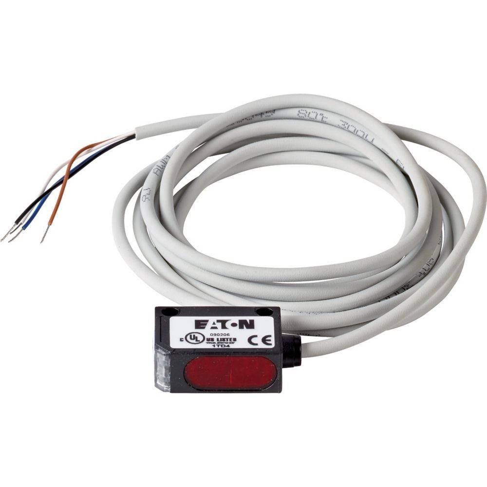 Ein gewickelter elektrischer Sensor mit freiliegenden Kabeln und einem mit Schwarz und Rot beschrifteten rechteckigen Sensor an einem Ende, hergestellt von EATON.