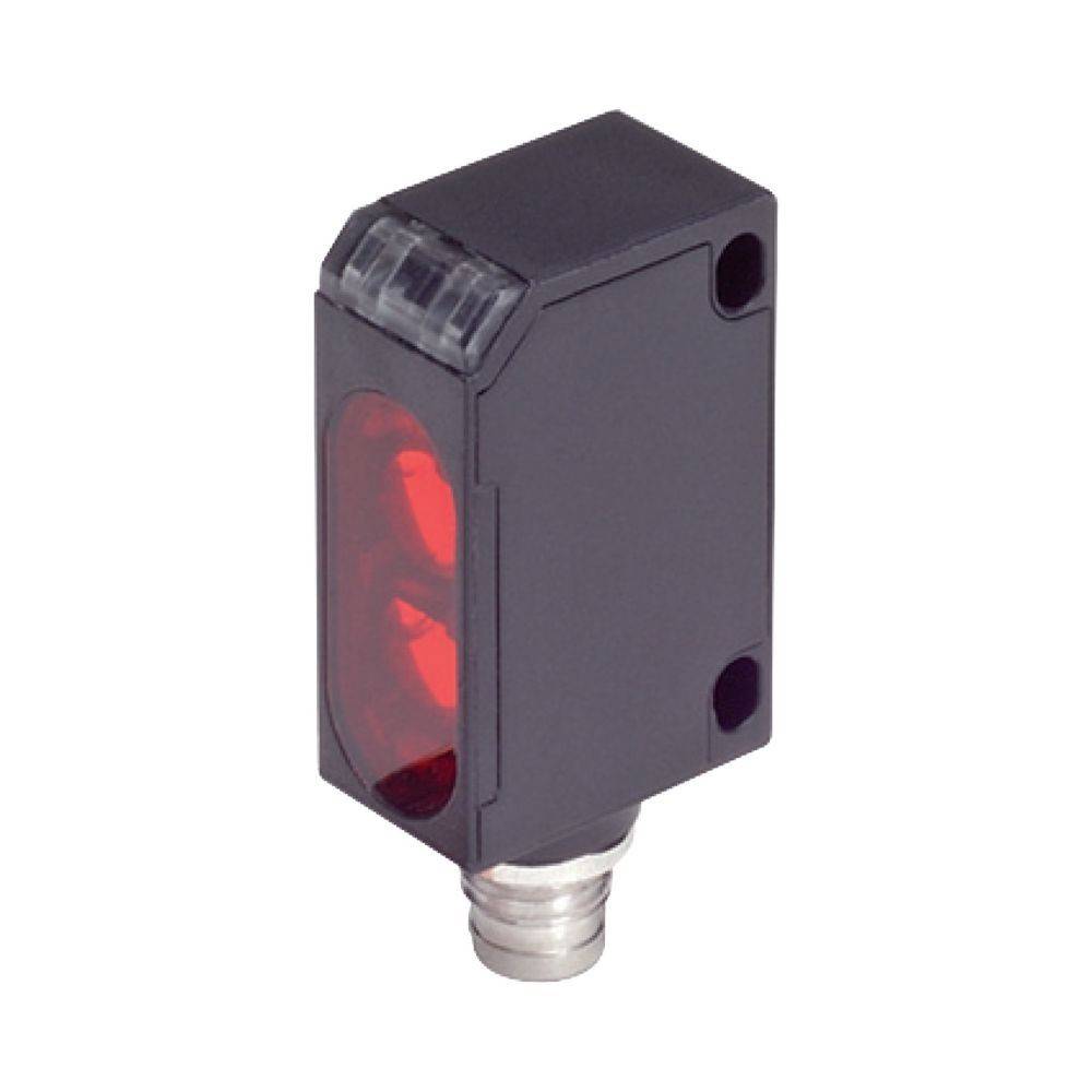 Ein kleiner, schwarzer, rechteckiger elektronischer Sensor mit einer roten Linse, der zum Erkennen von Objekten oder zum Messen von Nähe verwendet wird.