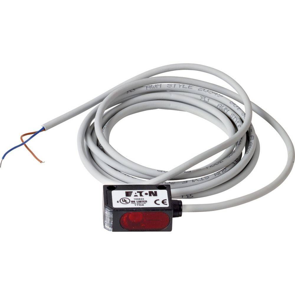 Ein aufgewickeltes weißes Kabel mit einem Sensor am Ende, beschriftet mit 'Eaton'. Das Kabel hat freiliegende Drähte zur Verbindung und wird für elektronische Anwendungen verwendet.