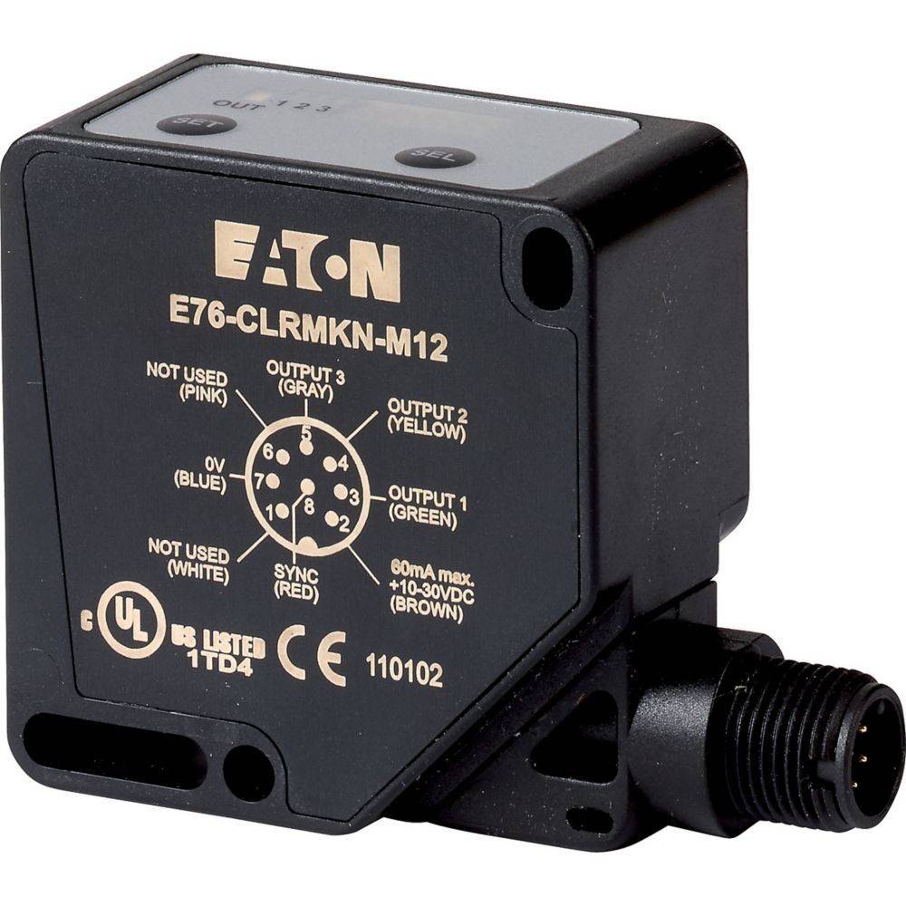Eaton E76-CLRMKN-M12 Sensor mit verschiedenen Ausgabeverbindungen, gekennzeichnet: Ausgang 1 (grün), Ausgang 2 (gelb), Synchronisation (rot) und Masse (blau).