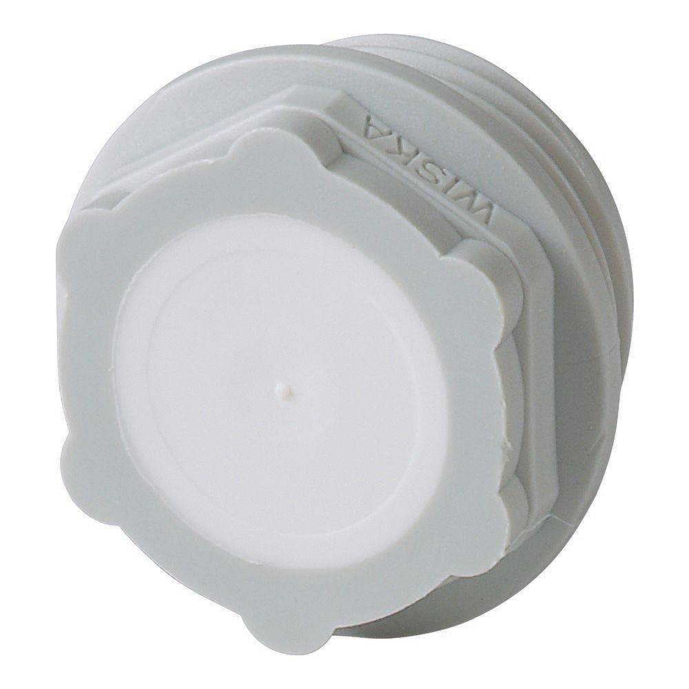 Ein weißer, runder Plastikknopf mit gerilltem Rand und leicht gewölbtem Zentrum. Das Wort 'WISKA' ist an der Seite eingraviert.