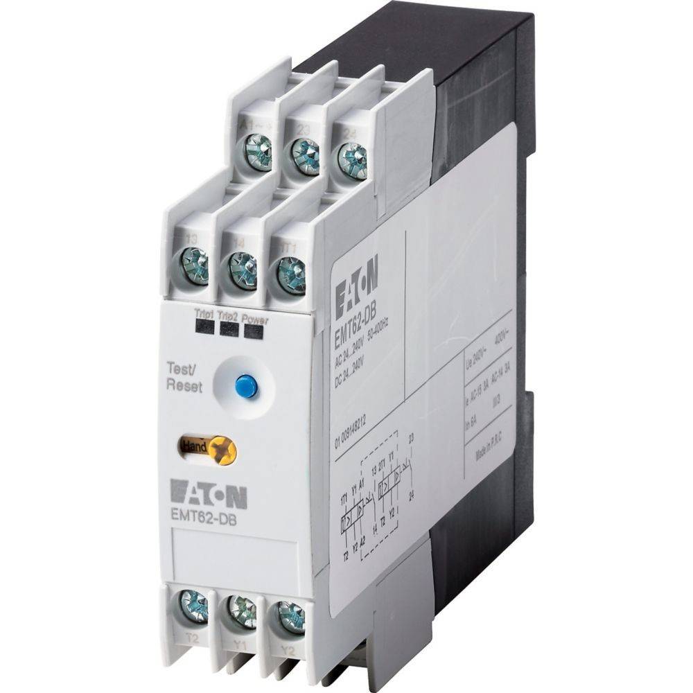 Ein elektrisches Relaismodul mit mehreren Schraubklemmen an der Vorderseite, mit der Bezeichnung 'Eaton', das zur Steuerung elektrischer Schaltkreise verwendet wird.