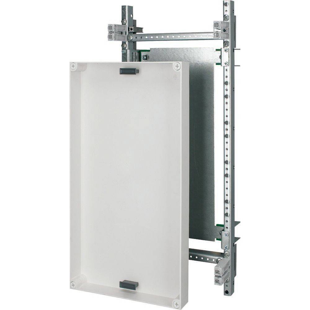 Eine elektrische Verteilerdose mit einem offenen weißen Deckel, der eine Innenstruktur aus Metallkomponenten und Stützstreben freilegt.