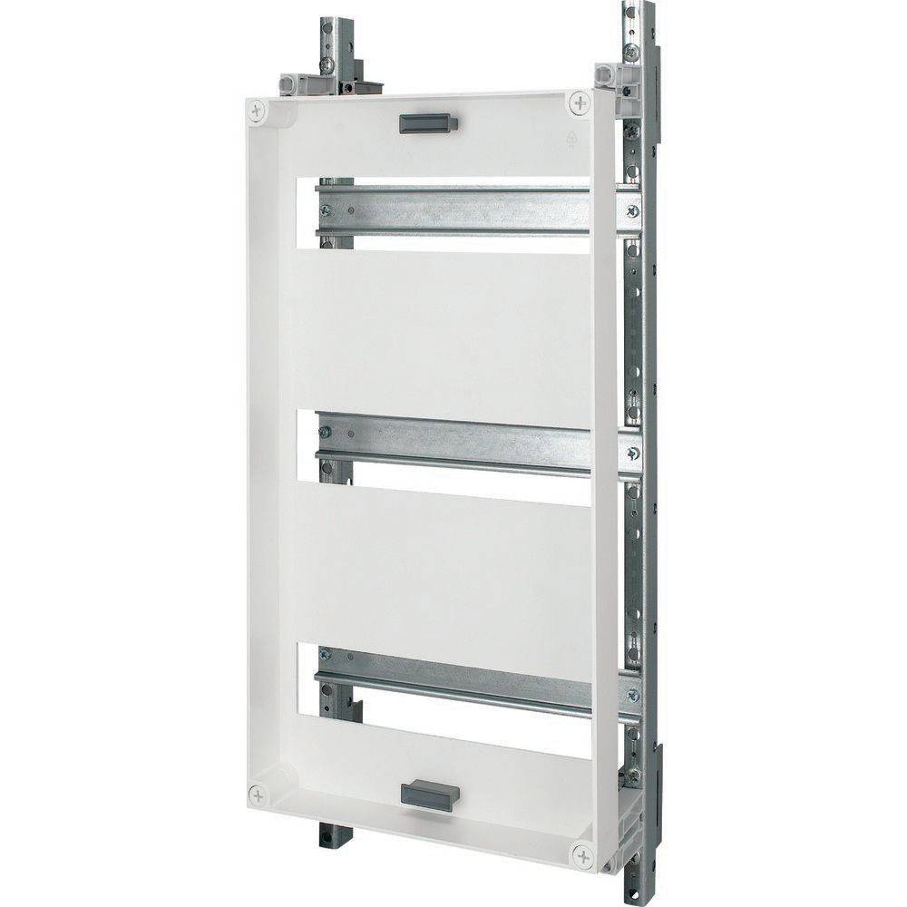 Ein elektrisches Schaltschrankgehäuse mit Metallschienen und Befestigungsbügeln, entwickelt zur Organisation und zum Schutz von Schaltungskomponenten.