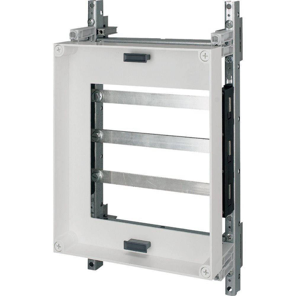 Ein Metall- und Kunststoffrahmen, möglicherweise eine bündige Einbaubox mit verstellbaren Halterungen und zwei horizontalen Stützträgern.