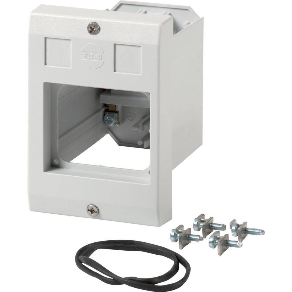 Eine weiße elektrische Unterputzdose mit offener Vorderseite, vier Schrauben, Metallhalterungen und einer schwarzen Gummidichtung davor; geeignet für Installationen.