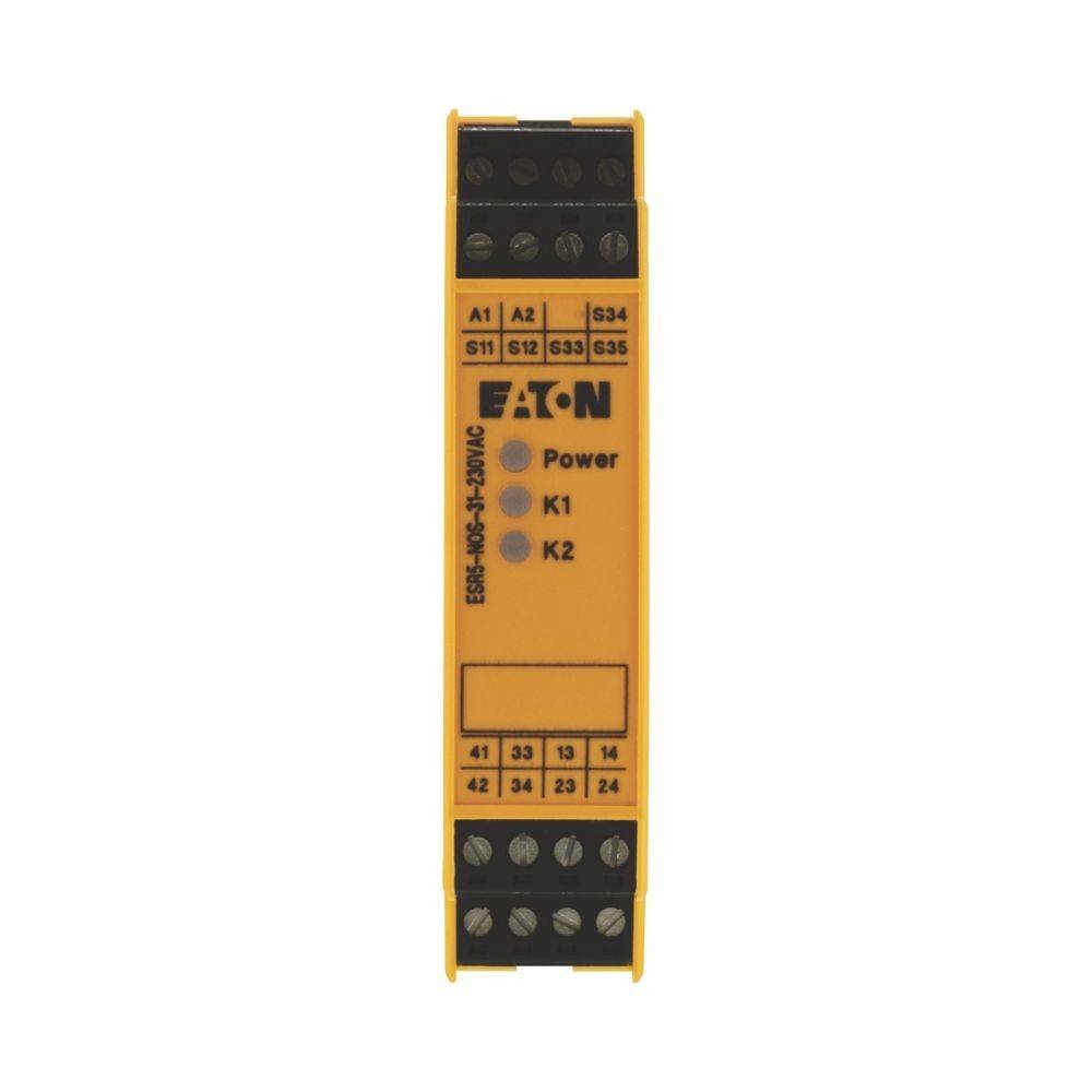 Ein gelbes Eaton ESR5 Sicherheitsrelais-Modul mit Betriebs- und K1-, K2-Indikatoren und beschrifteten Anschlussklemmen.