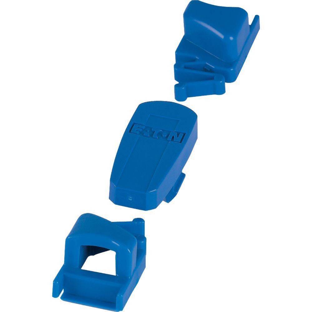 Blauer Ethernet-Kabelschutz-Set, das verschiedene Schutzteile sequenziell angeordnet zeigt.