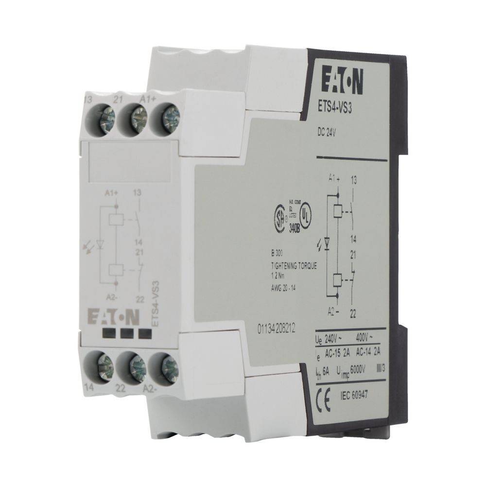 Eaton ETS4-VS3' Relaisgerät mit mehreren Anschlusspunkten, gekennzeichneten Spezifikationen und Markenlogo auf dem Gehäuse. Verwendet für elektrische Steuerung.