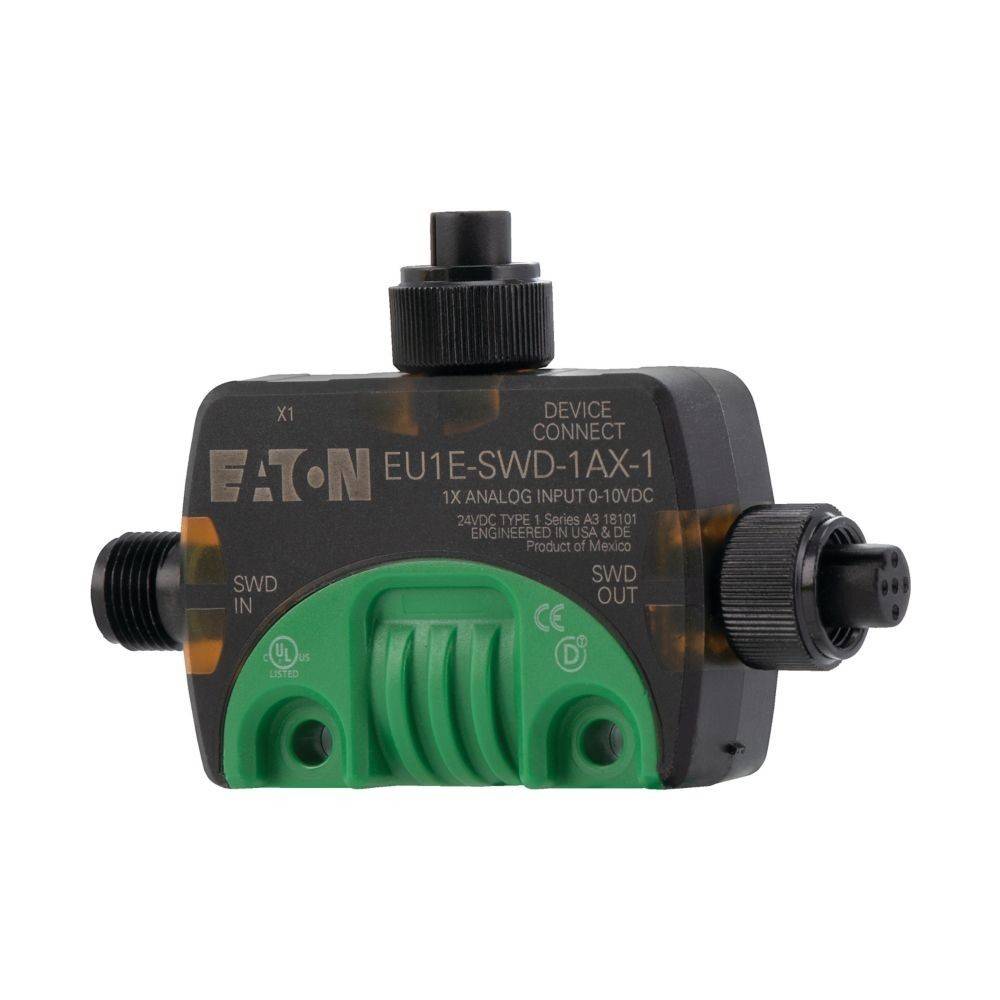 Ein schwarzes und grünes Eaton-Elektrogerät mit der Bezeichnung 'EU1E-SWD-1AX-1' mit Anschlüssen für SWD-Eingabe und -Ausgabe.