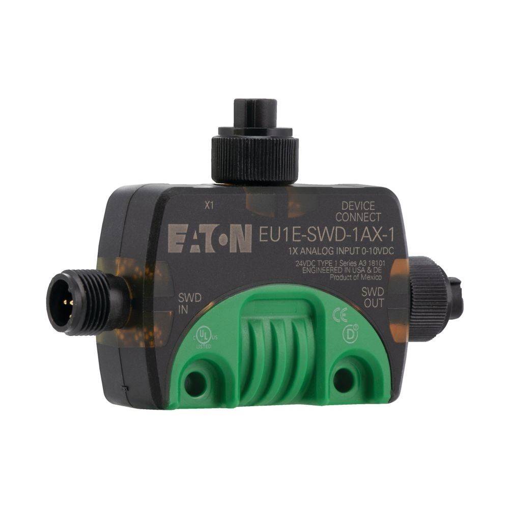 EATON EU1E-SWD-1AX-1' Gerät, schwarz mit grüner Basis, verfügt über Eingabe-/Ausgabeports an den Seiten, gekennzeichnet als analoger Eingang.