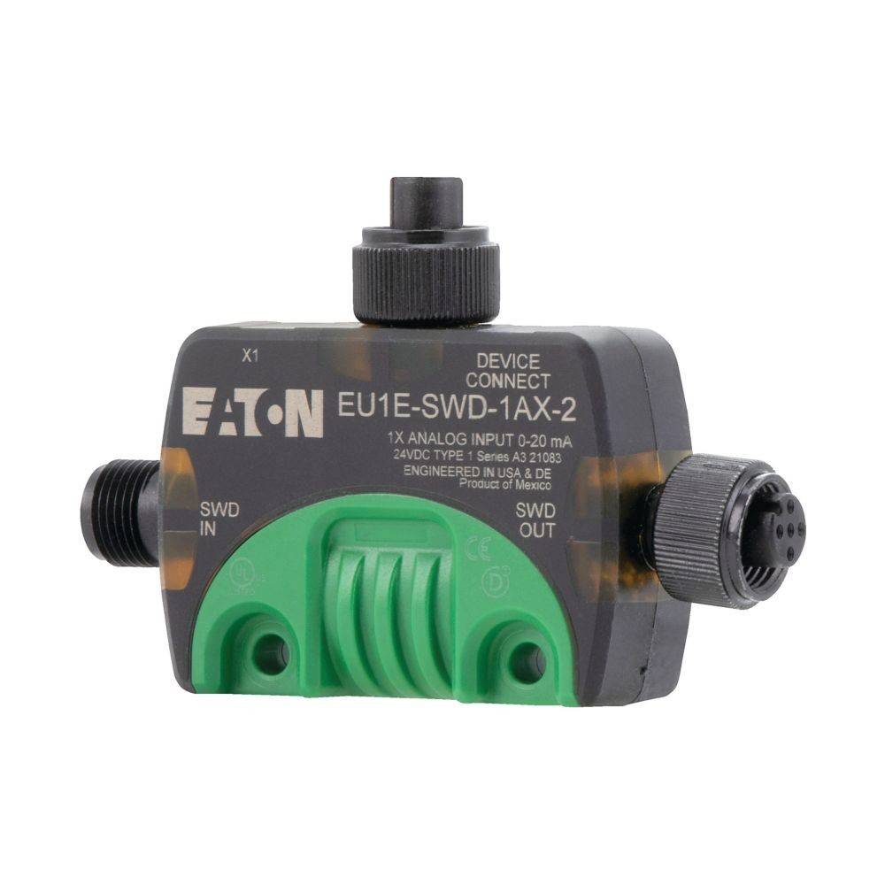 EATON EU1E-SWD-1AX-2' Gerät für analogen Eingang mit Anschlussports, die als SWD IN und SWD OUT gekennzeichnet sind, mit technisch entwickelten Produktdetails.