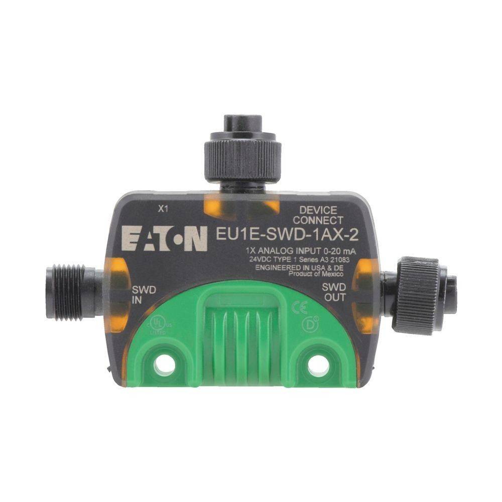 Eaton EU1E-SWD-1AX-2 DeviceConnect' Modul mit Anschlüssen, die als 'SWD IN' und 'SWD OUT' gekennzeichnet sind, sowie einer analogen Eingangsspezifikation.
