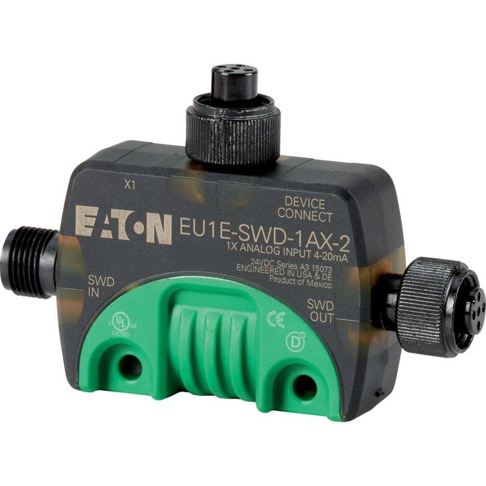 Device Connect' Modul von Eaton, Modell EU1E-SWD-1AX-2, mit analogem Eingang 4-20mA, Anschlüsse mit den Bezeichnungen SWD IN und SWD OUT.