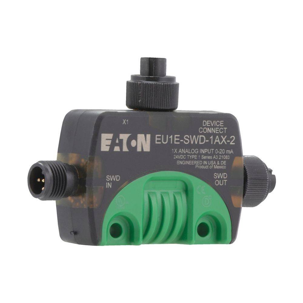 Eaton EU1E-SWD-1AX-2 Device Connect Modul, schwarz und grün, mit Eingangs-/Ausgangsanschlüssen, verwendet für analoge Eingabe-Anwendungen von 2-20 mA.