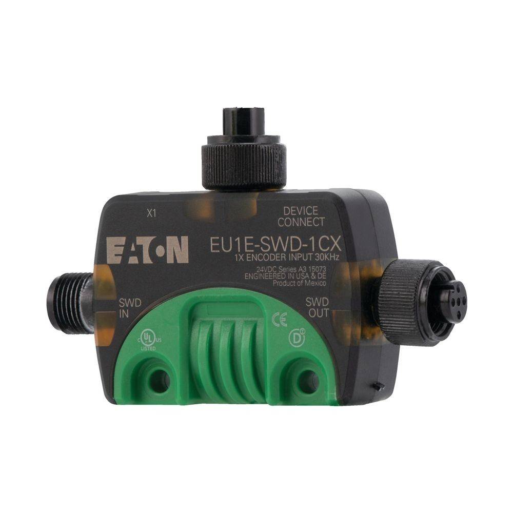EATON' Gerät mit dem Modell 'EU1E-SWD-1CX', schwarz und grün, verfügt über Anschlüsse mit den Bezeichnungen 'Device Connect', 'SWD IN', 'SWD OUT'.