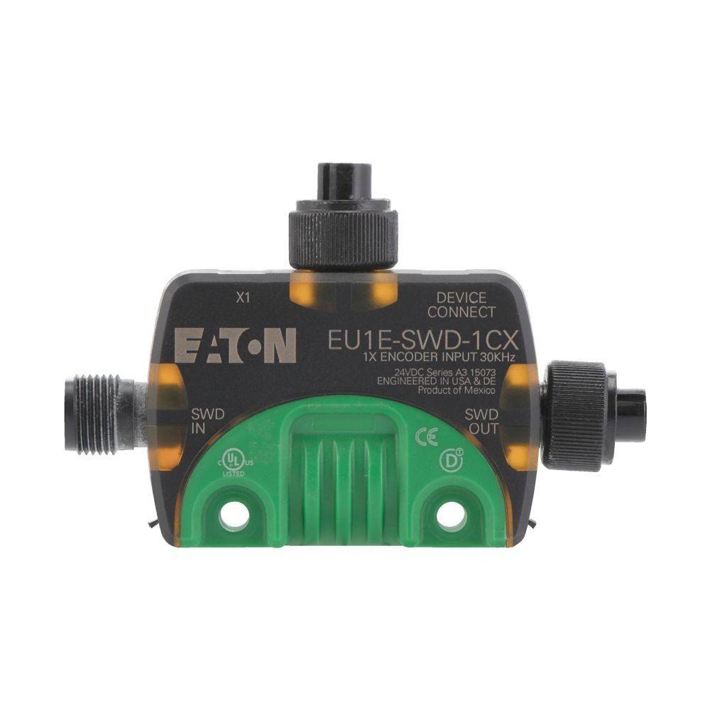 Eaton EU1E-SWD-1CX Encoder-Schalter für Gerätekonnektivität, verfügt über eine grüne Basis und einen schwarzen Deckel mit beschrifteten Ein- und Ausgabeports.