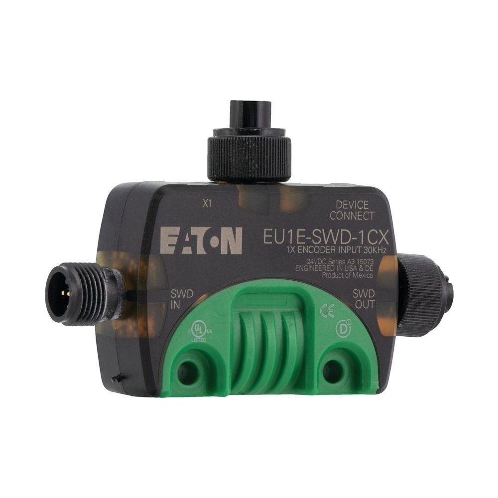 Eaton EU1E-SWD-1CX Encoder-Eingabegerät, schwarz und grün, mit seitlichen Anschlüssen, beschriftetes Geräteverbindungsgerät 30 kHz.