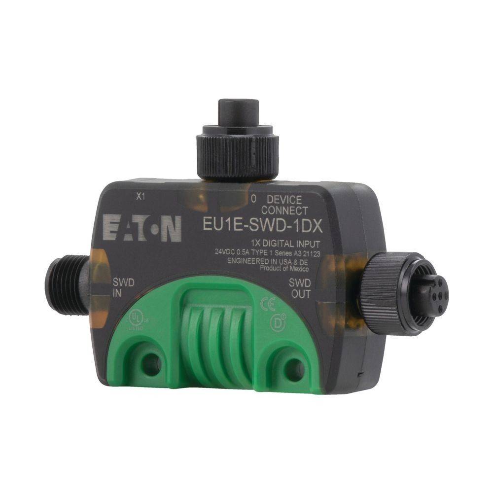 Eaton EU1E-SWD-1DX Device Connect', ein digitales Eingabegerät mit Anschlüssen und Beschriftungen, das für industrielle Automatisierungssysteme verwendet wird.