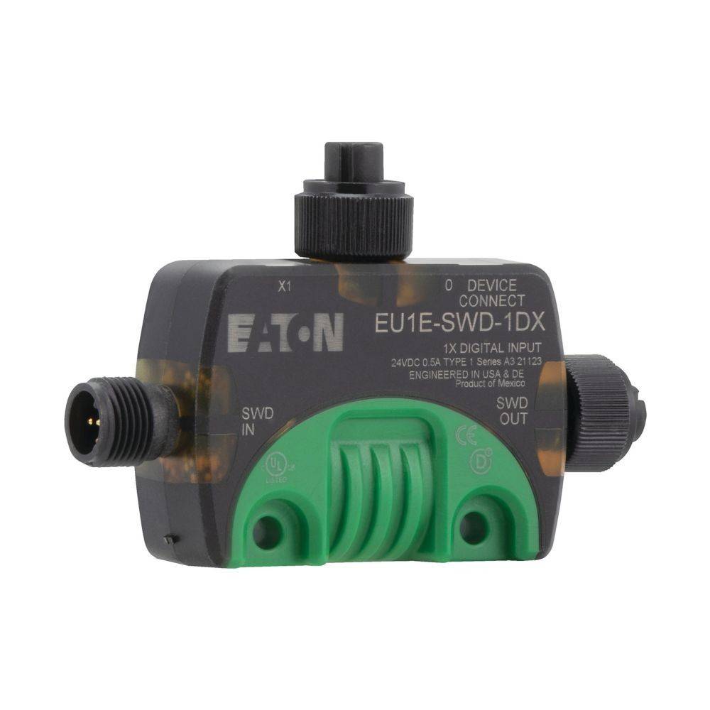 Eaton EU1E-SWD-1DX Geräteanschluss mit digitaler Eingabe, ausgestattet mit einem kompakten schwarz-grünen Design und beschrifteten Anschlüssen.