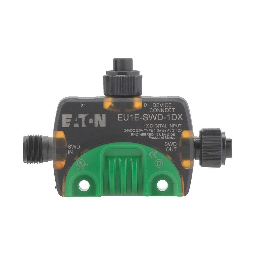 EATON EU1E-SWD-1DX'-Gerät mit einem digitalen Eingang. Beinhaltet Anschlüsse für SWD IN und SWD OUT.