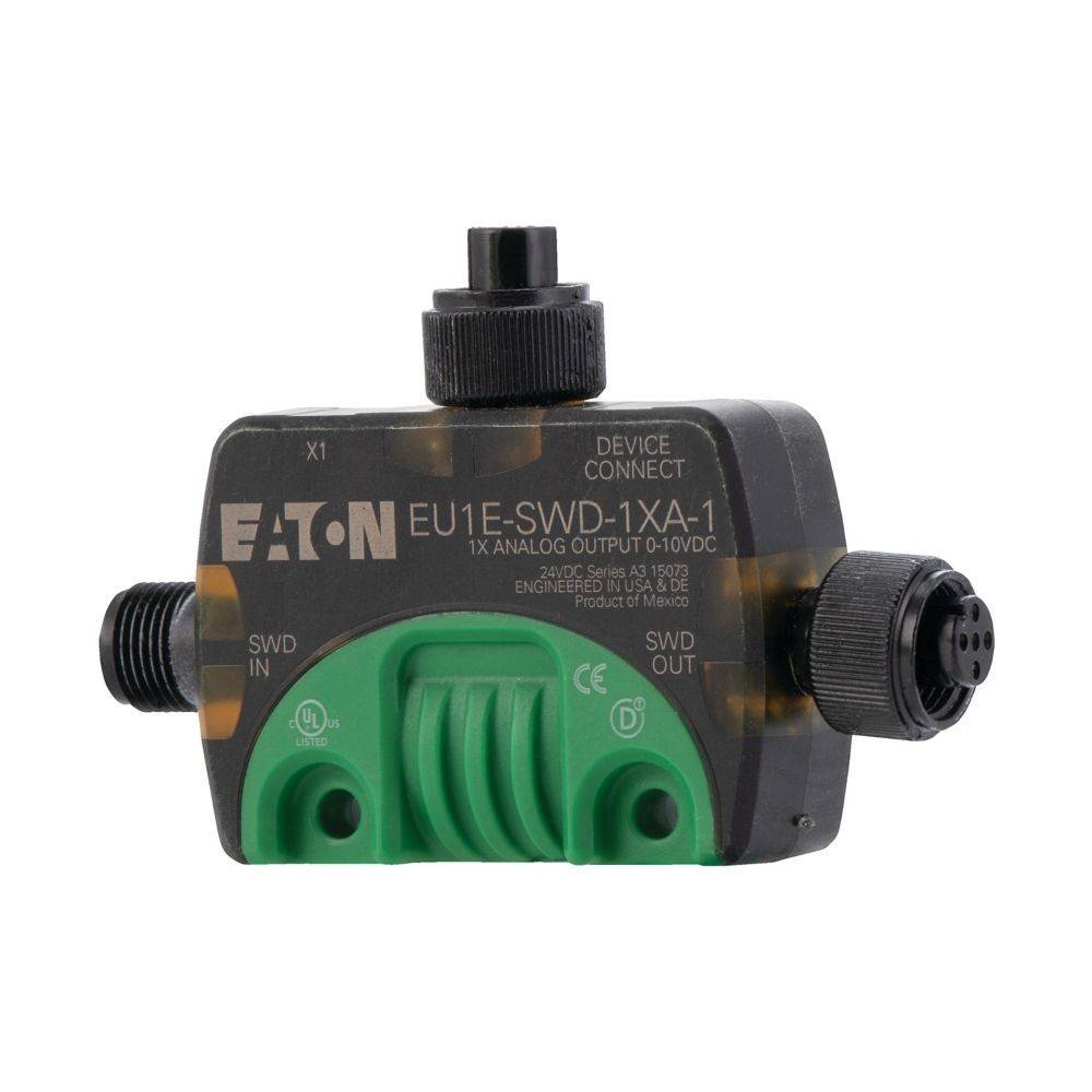 Eaton EU1E-SWD-1XA-1 Gerät gezeigt, mit einem analogen Ausgang für 0-10V DC. Beschriftungen beinhalten 'SWD IN', 'SWD OUT' und 'DEVICE CONNECT'.