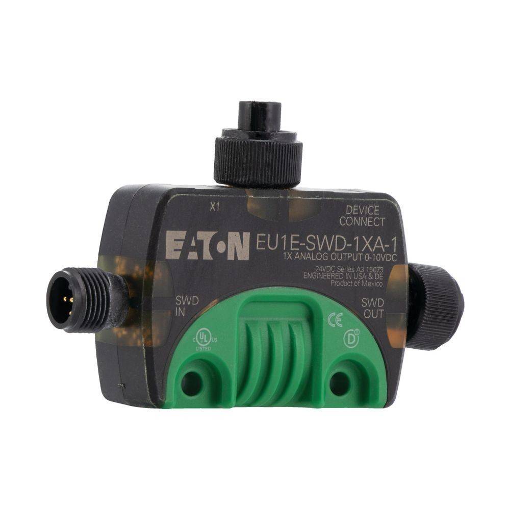 Ein Eaton EU1E-SWD-1XA-1 Gerät mit analogem Ausgang von 0-10VDC, ausgestattet mit seitlichen Anschlüssen für elektrische Verbindungen.