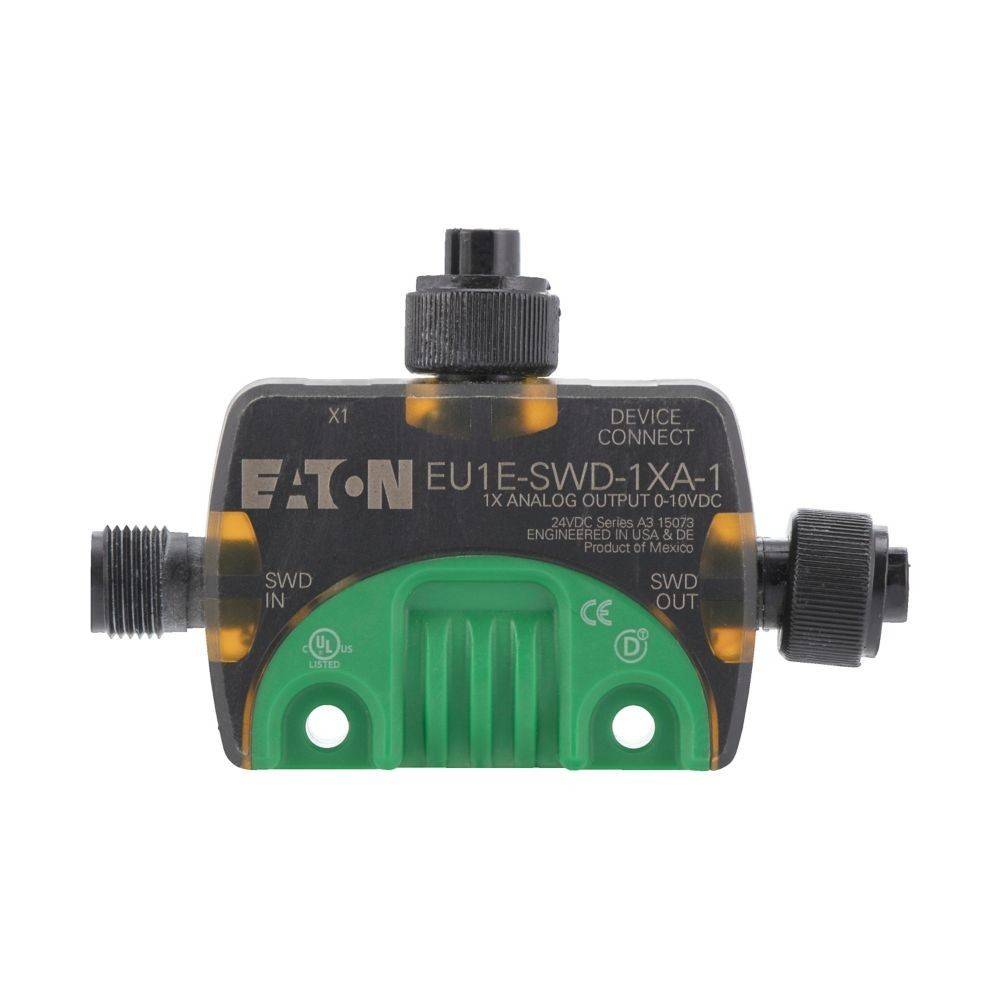 Eaton EU1E-SWD-1XA-1' Analog-Ausgabemodul mit Anschlüssen, die mit 'Device Connect', 'SWD Ein' und 'SWD Aus' gekennzeichnet sind, für industrielle Anwendungen.