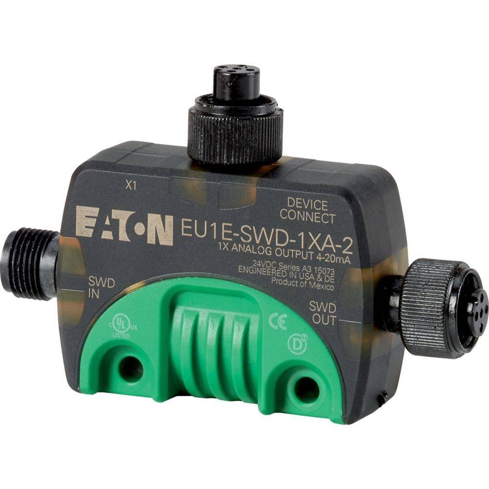 Schwarzes und grünes 'Eaton EU1E-SWD-1XA-2' Gerät mit beschrifteten Anschlüssen für SWD IN und SWD OUT, verwendet für analoge Signalausgabe (4-20mA).