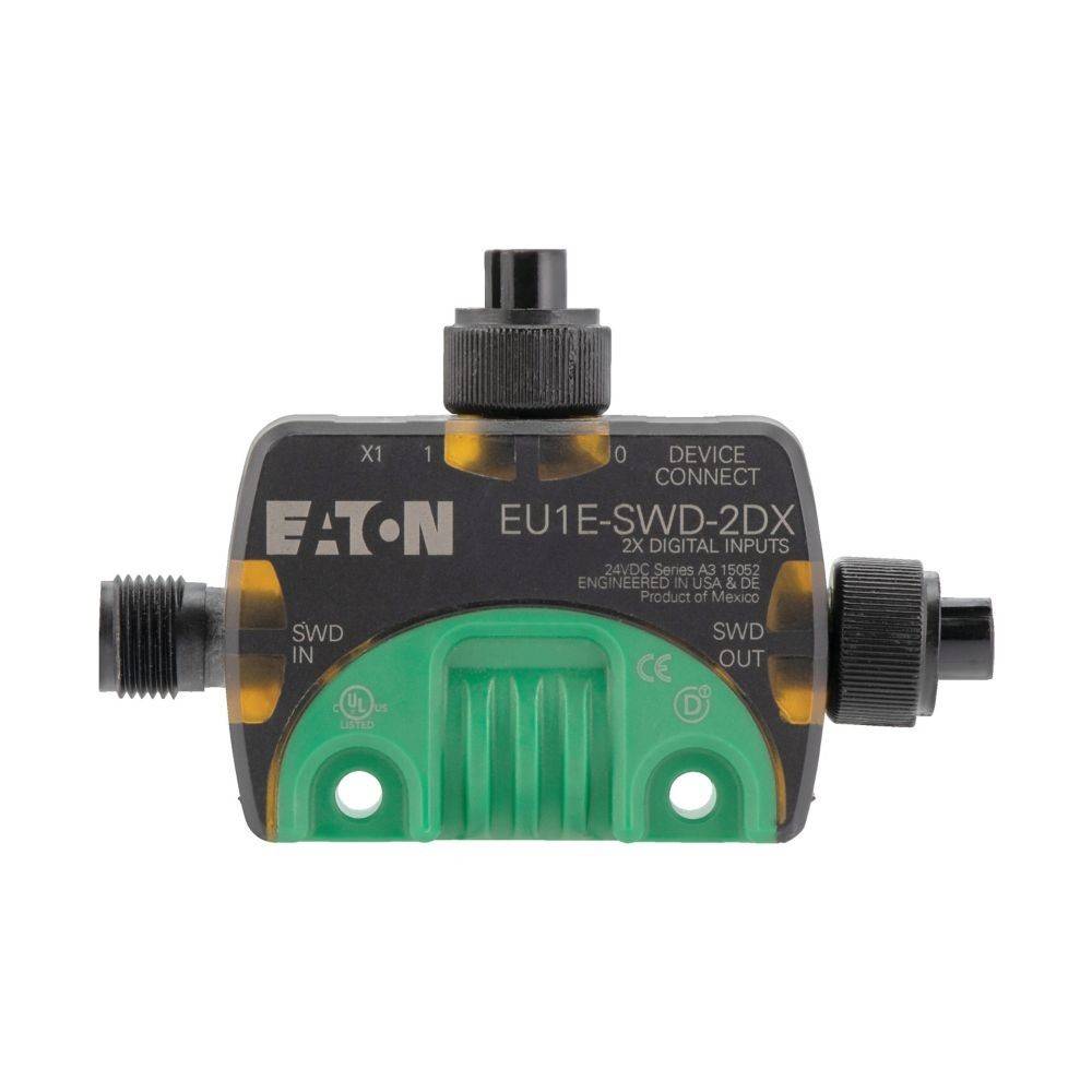 Eaton EU1E-SWD-2DX' digitales Eingabemodul mit Anschlussports für 'Device Connect' und 'SWD IN/OUT'. Produkt aus Mexiko.
