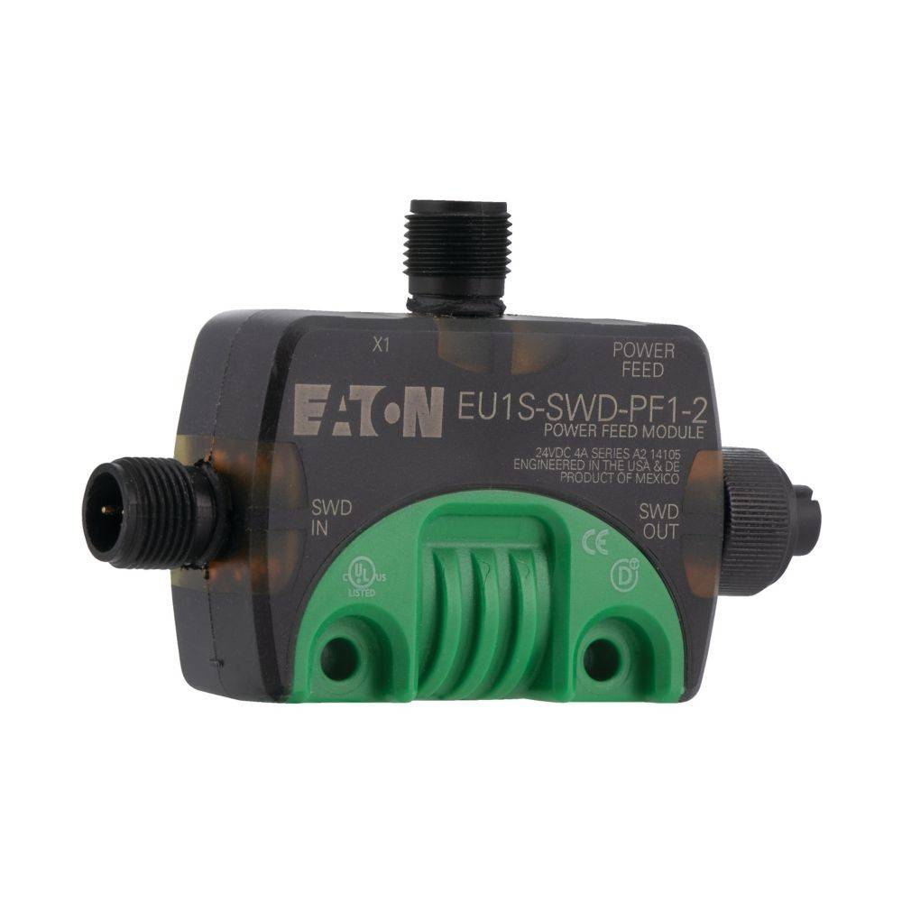 Eaton EU1S-SWD-PF1-2 Stromverteilungsmodul', mit Anschlüssen, die mit 'SWD IN' und 'SWD OUT' gekennzeichnet sind, wird zur Stromversorgungsintegration verwendet.