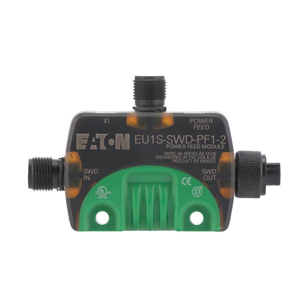 Eaton Stromversorgungsmodul, Modell EU1S-SWD-PF1-2, verwendet zum Anschluss elektrischer Geräte. In Schwarz und Grün gehalten mit Anschlussports.