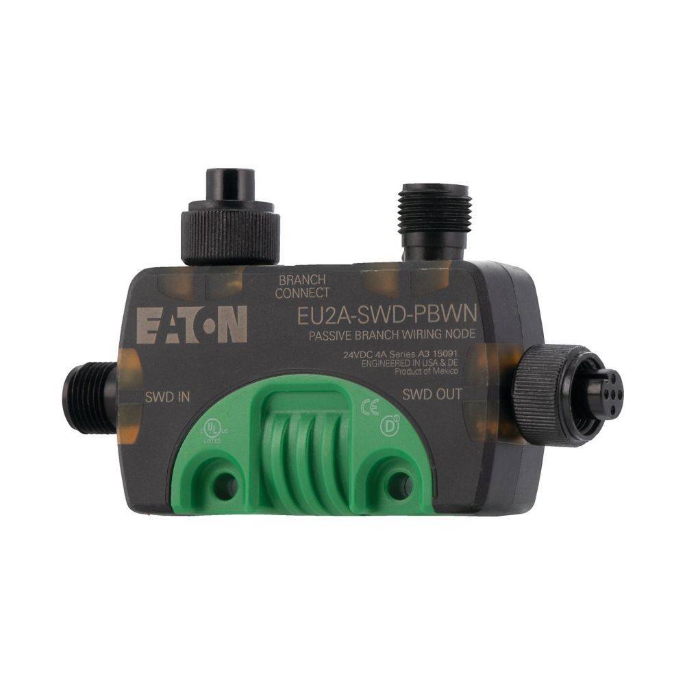 Elektronischer Verdrahtungsknoten mit 'EATON' Logo, beschriftet mit 'EU2A-SWD-PBWN', mit mehreren Anschlüssen und Schaltern für Zweigverbindungen.