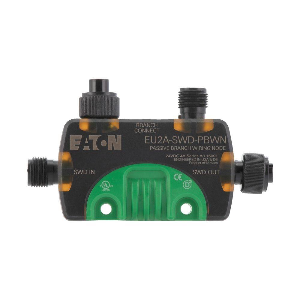 Eaton EU2A-SWD-PBWN passiver Verteilungsknoten mit mehreren Anschlüssen und beschrifteten Eingängen für SWD Ein- und Ausgangverbindungen.
