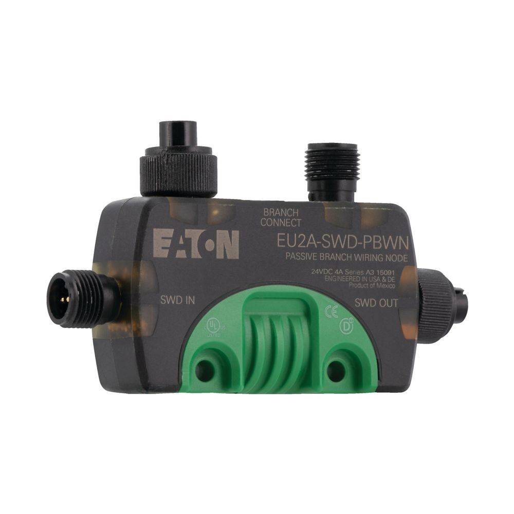 EATON' Elektrischer Anschluss, Modell 'EU2A-SWD-PBWN', verwendet für Verdrahtungsknoten. Schwarz mit grünen Akzenten, verfügt über SWD IN- und SWD OUT-Anschlüsse.