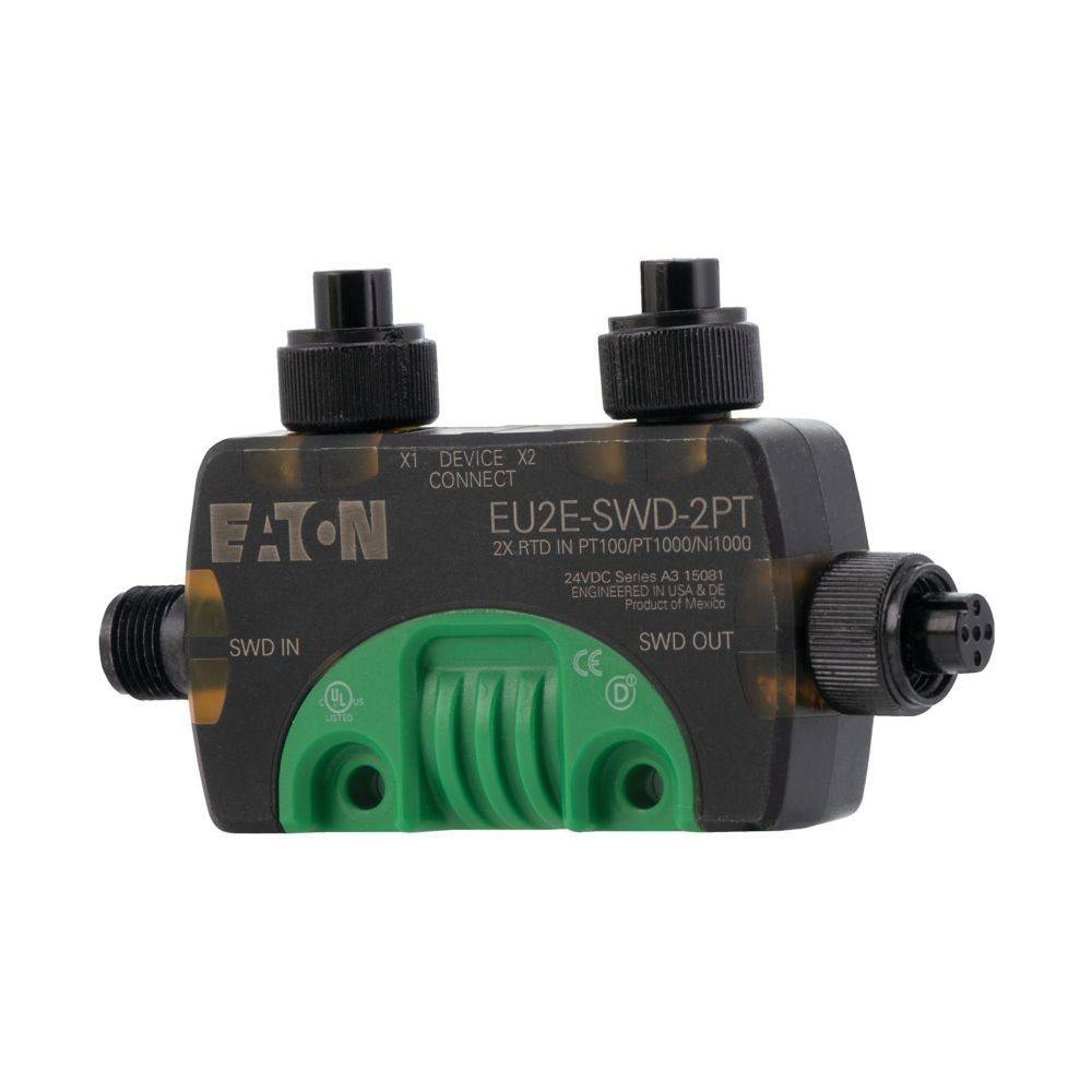 Das 'EATON EU2E-SWD-2PT' Gerät, eine schwarze und grüne elektrische Komponente mit Anschlüssen, die als 'SWD IN' und 'SWD OUT' gekennzeichnet sind.