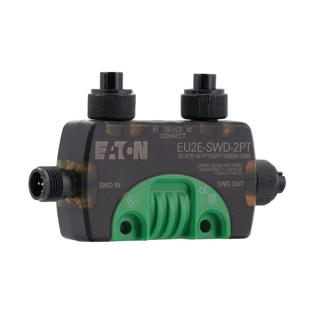 EU2E-SWD-2PT' Eaton-Gerät, ein kompakter elektrischer Anschluss mit SWD IN- und SWD OUT-Anschlüssen, verwendet für industrielle Anwendungen.