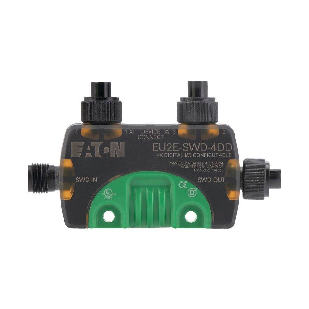Eaton EU2E-SWD-4DD Digitalmodul für Ein- und Ausgänge mit Anschlüssen für Geräteverbindung und SWD-Ausgang; entwickelt für konfigurierbare Schaltoperationen.