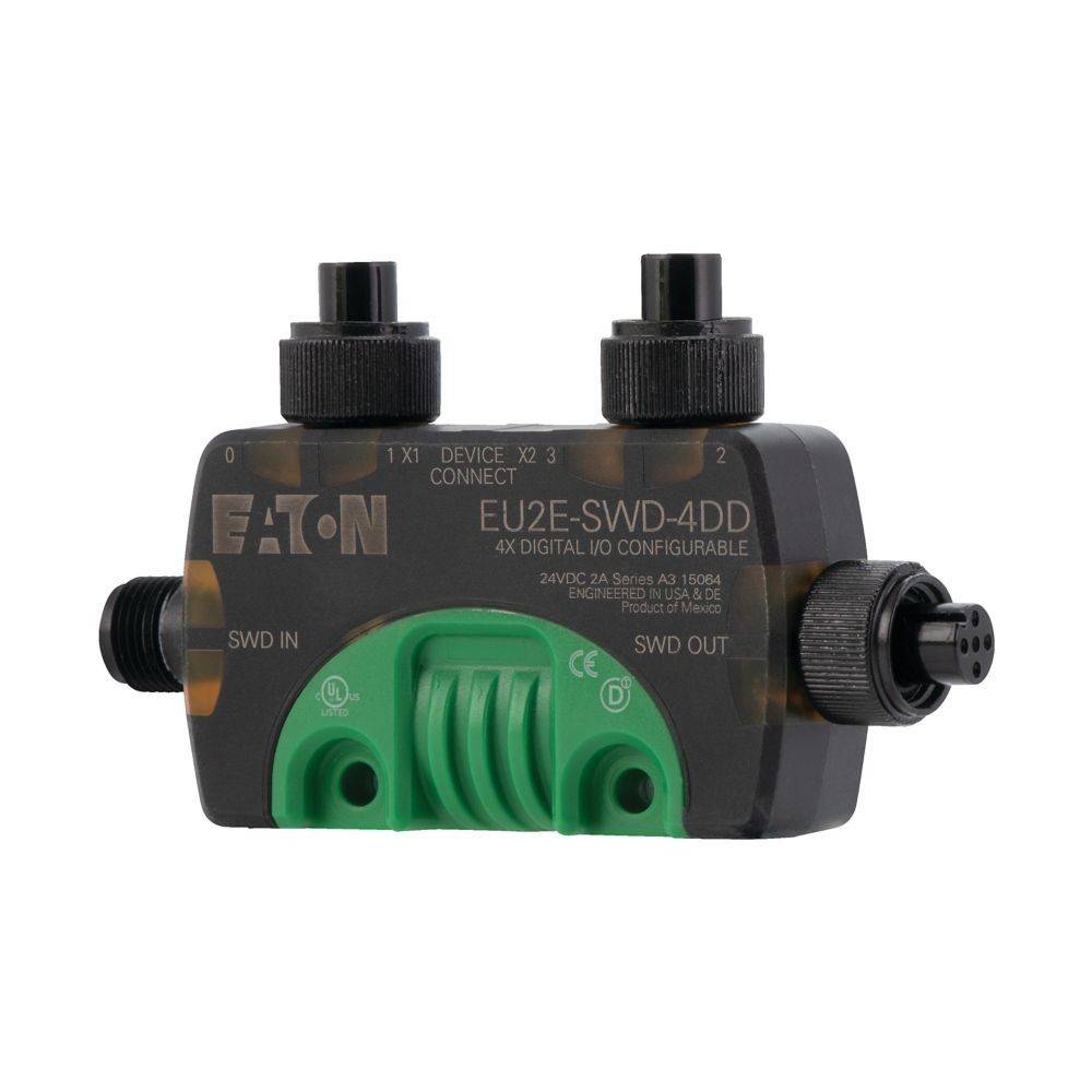 Eaton EU2E-SWD-4DD digitales IO-Modul mit Anschlüssen, die mit ‚DEVICE X5' und ‚CONNECT X2' beschriftet sind, mit SWD Ein- und Ausgangsports.