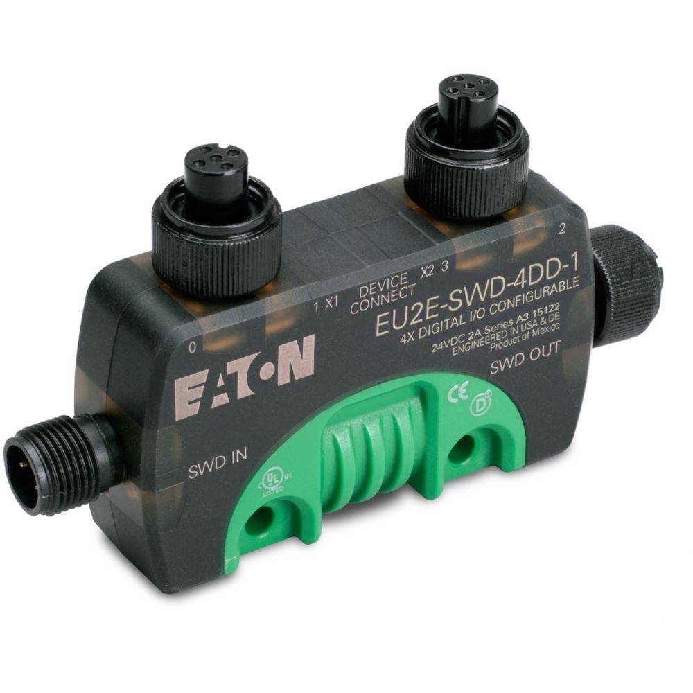Eaton EU2E-SWD-4DD-1' elektronisches Gerät mit Anschlüssen; verwendet für digitale Signalverarbeitung und Konfiguration in industriellen Umgebungen.