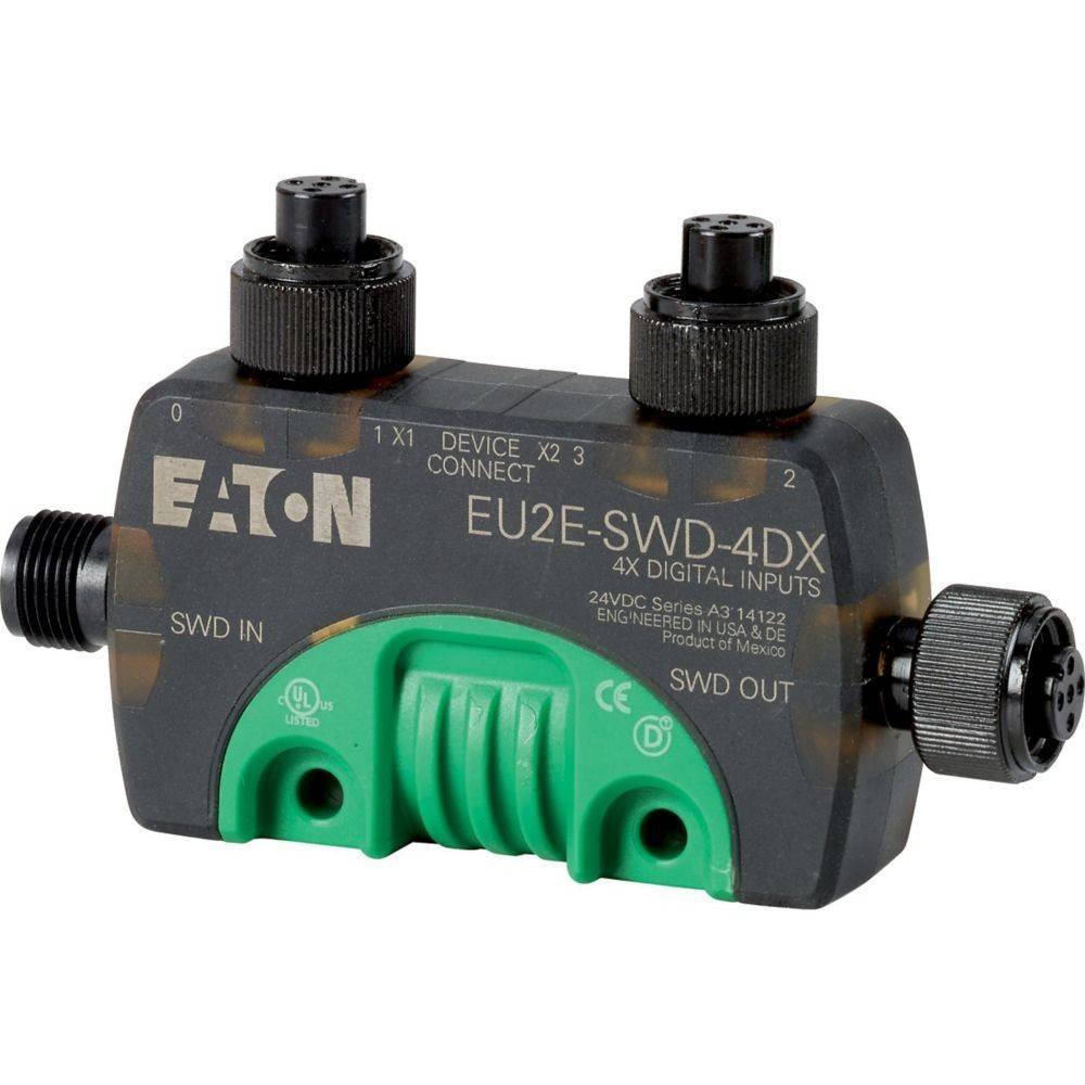 EATON EU2E-SWD-4DX' Modul mit Anschlüssen für digitale Eingänge, gekennzeichnet mit 'SWD IN' und 'SWD OUT', verwendet für Geräteverbindungen.